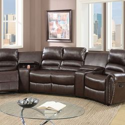 Brand New Brown Leather Theater Style Reclining Sectional Sofa 