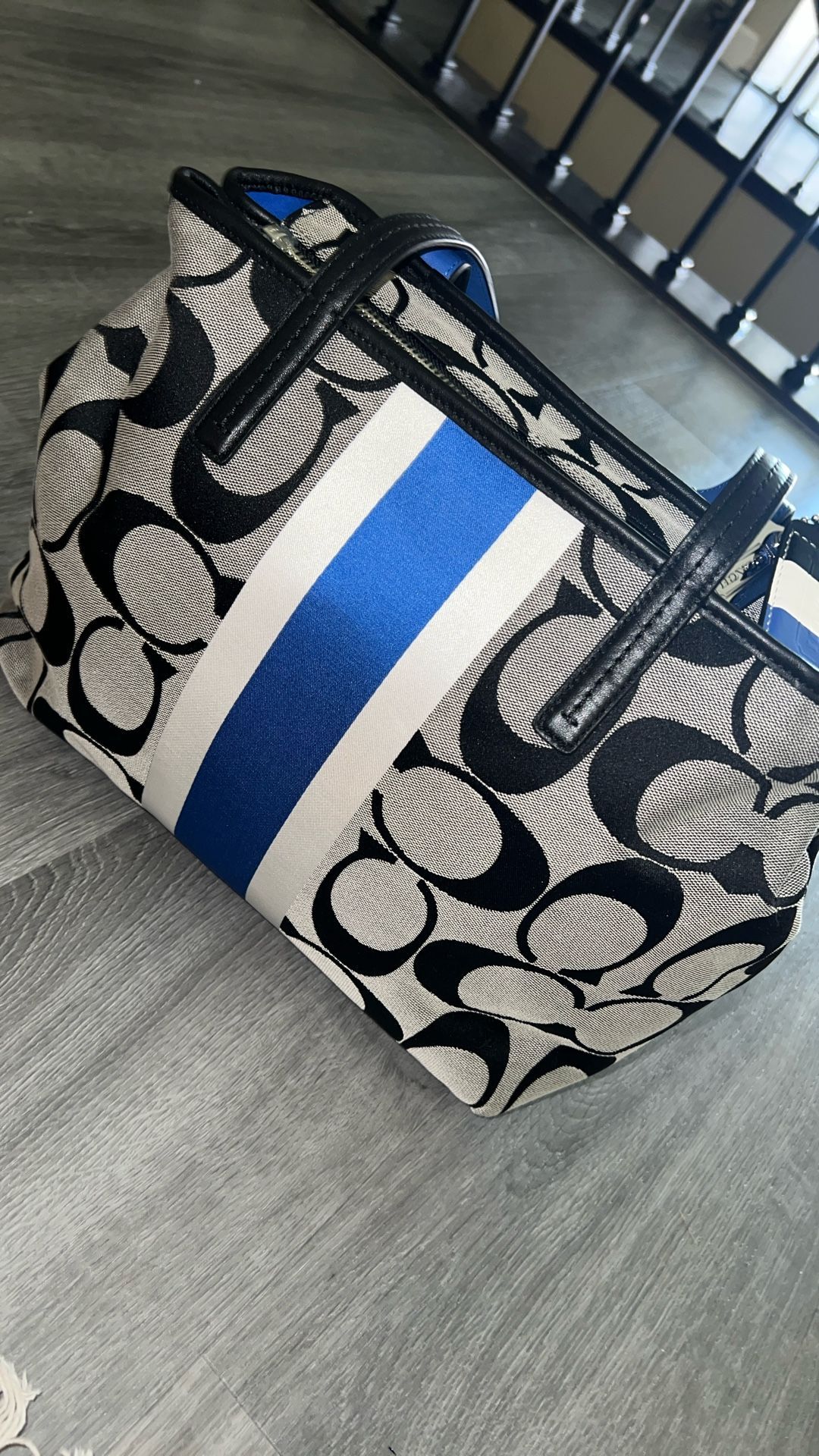 COACH Signature Hamptons Weekender Blue Stripe Jacquard Canvas Tote Bag