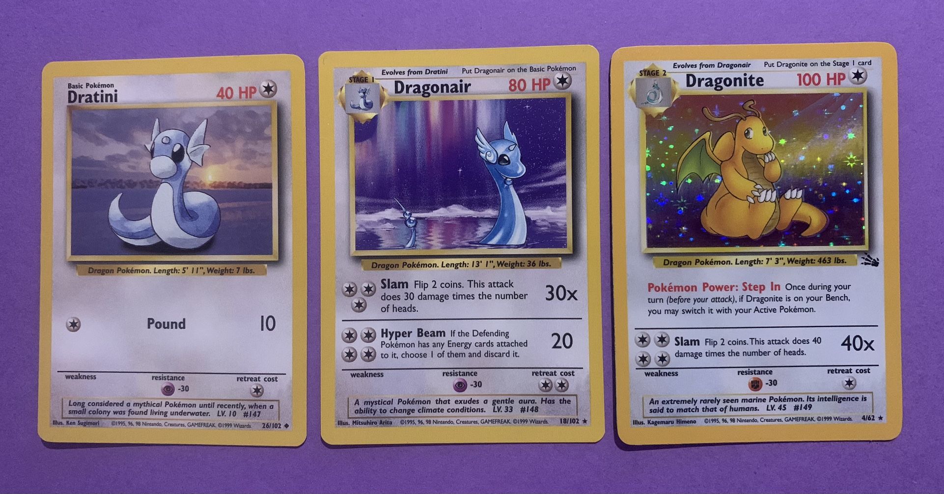 Rare Dragonite Holo, Dragonair and Dratini Vintage Pokmon Card Set  Collectible