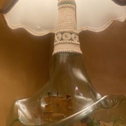 Vintage Norwegian Hand Blown Glass Lamp With Miniature handmade nautical scene with for clipper ship in sale in Portthe