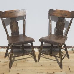 Antique Rustic Fiddle Back Chairs, Set Of Two