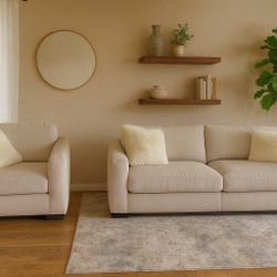 Beige Sofa Couch & Oversized Chair Set – Modern Living Room Furniture, Feather Down Cushions
