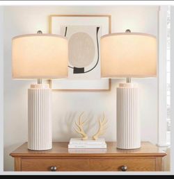 28’’ Farmhouse Ceramic Table Lamps Set of 2 for Living Room, Cream Vintage Bedside Table Lamps with White Linen Shade, Rustic Nightstand Lamps for Bed