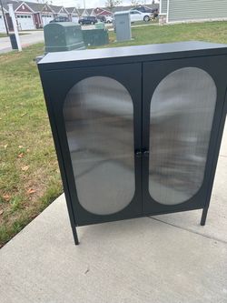 Black Metal Cabinet with Ribbed Glass Doors