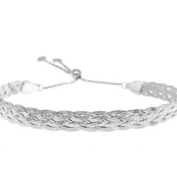 Italian Made 925 Solid Sterling Silver Braided Herringbone Adjustable Bracelet Jewelry Gift for Women, Silver,Diamond Cut