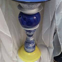 Upcycled whimsical totem ,bird feeder, bird bath, for yard and garden decorBlue & yellow