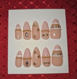 Press-On Nails | Long Almond | Beige & Pink with Gold Bangles & Bling (#8)