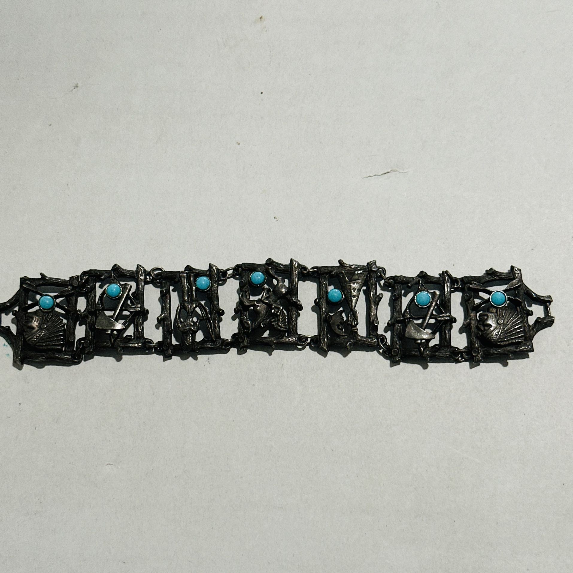 Native American Themed Link Bracelet with Turquoise Stones