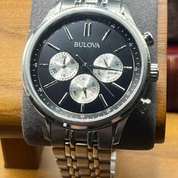 Bulova Stainless Steel Chronograph Watch — Black Dial, Box & Extra Links