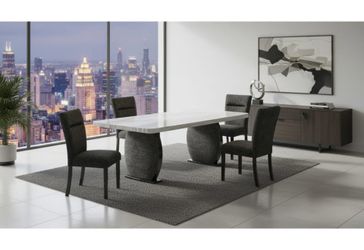 Sleek Dining Set features a marble look top adds a modern touch