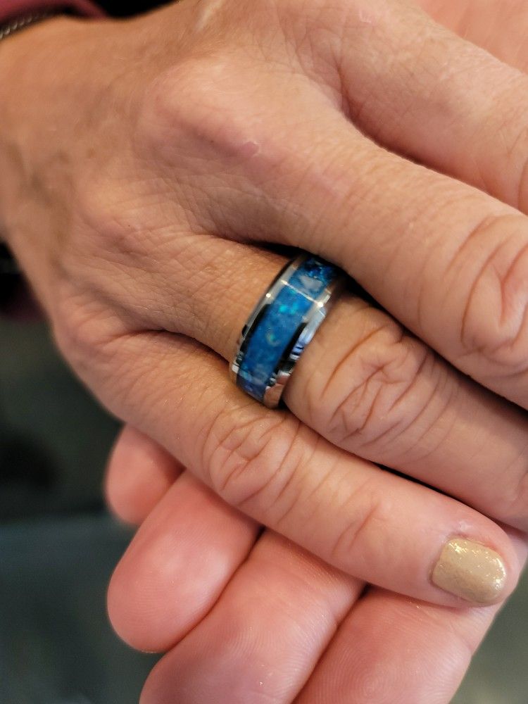 Tungsten Ring With Crushed Opal & Turquoise Size 8