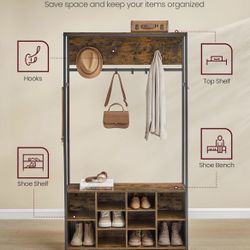 Hall Tree with Bench and Shoe Storage, Coat Rack with Shoe Bench, Entryway Furniture, Open Compartments, Industrial Style, Space Saving, Rustic Brown 