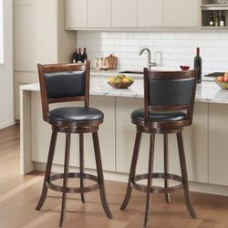 Newly Assembled 29” Swivel Bar Stools with Back, Rubber Wood, Brown, Set of 2