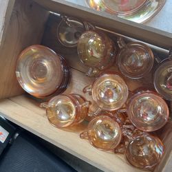 VINTAGE 46-PIECE MARIGOLD AMBER/ORANGE IRIDESCENT CARNIVAL GLASS DINNERWARE SET