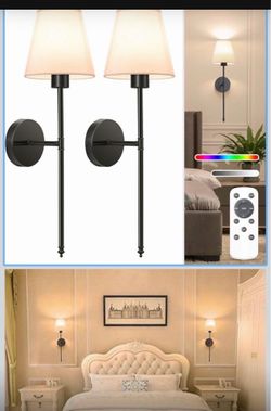 NIORSUN Battery Operated Wall Sconce Set of 2,Black Rechargeable Wall Lights with 5200mAh Dimmable Bulbs and Remote, 10 Colors Wireless Wall Lamps for