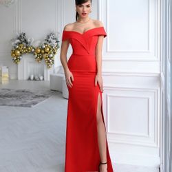 RED OFF-THE-SHOULDER MAXI DRESS 