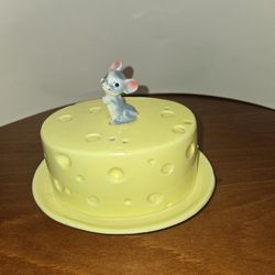 VTG 1960 MCM Lefton Ceramic Covered Cheese Dish W/Mouse Handle And Wheel Design