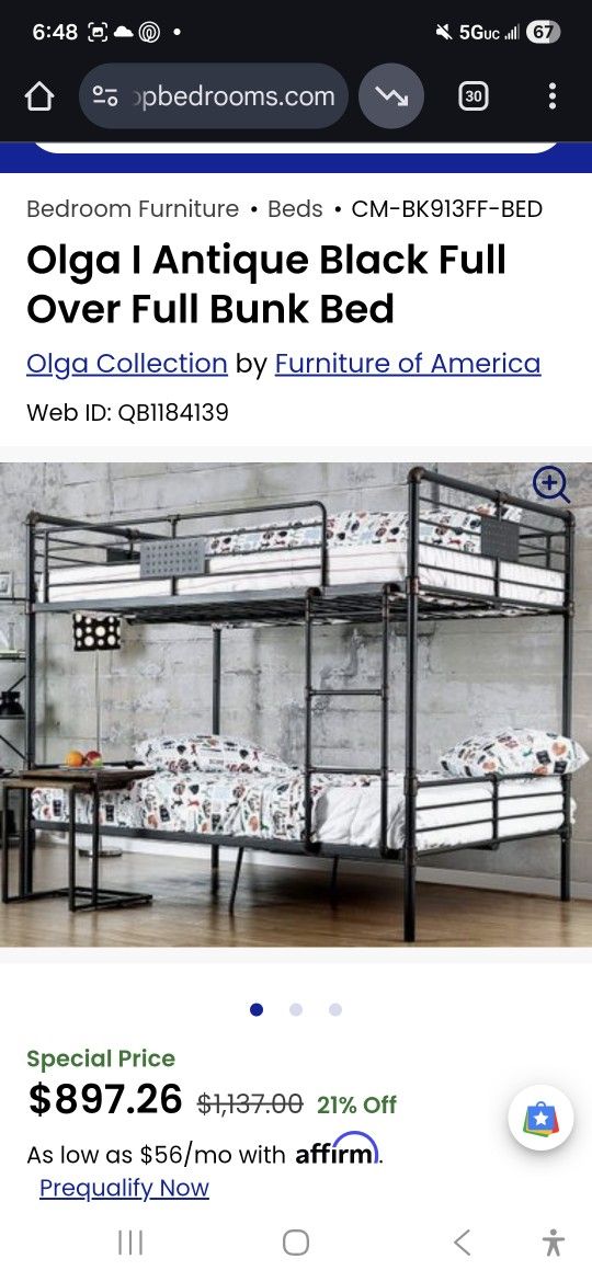 Nib Full Over Full Bunk Bed W/ Ladder Bookshelf