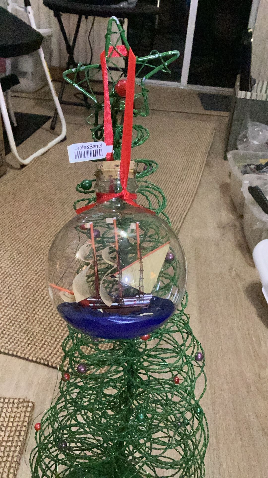 Crate & Barrel Christmas ornament 585 637  Ship in a bottle 