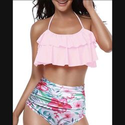 New Pink ruffles off shoulder halter neck crop top tropical print high waisted bottom Size  XL/ Extra Large bikini/bathing suit/swimwear/swimsuit     