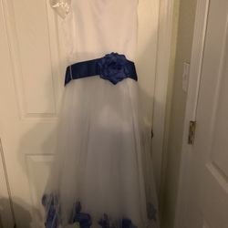 White with blue Petals Flower Girl Dress Size 12