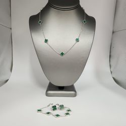 Elegant Set Of 925 Silver Malachite Clover Earrings Necklace & Bracelet