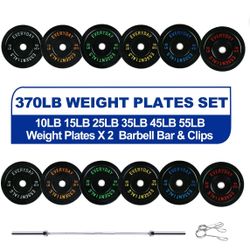 370 lbs Plates with 7FT Barbell Weight Set 