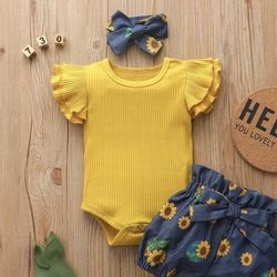 New 3 Piece Set With Ruffled Bodysuit & Floral  Shorts With Headband 