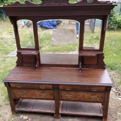 1800’s Antique Chest Buffet With Leaded Mirrors 