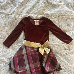 Toddler Girl Long Sleeve Burgundy Velvet & Plaid  Christmas Dress Size 2T