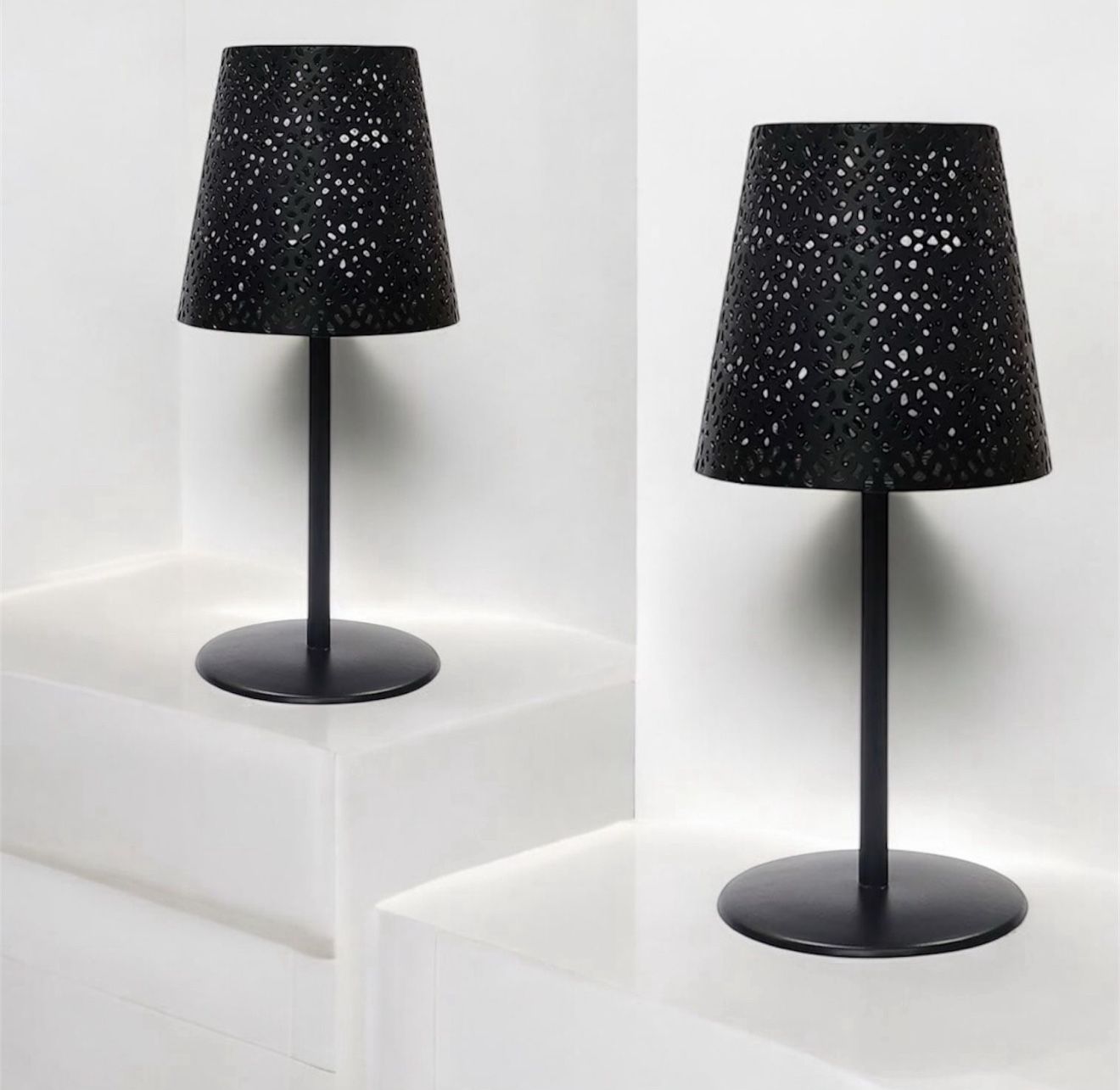 Set Of 2 Festive Garden Party Solar Table Lamps. Black, Metal Shade