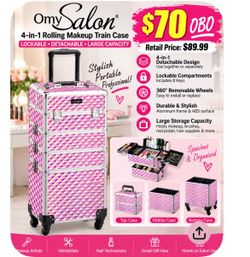 OmySalon 4-in-1 Aluminum Lockable Rolling Makeup Train Case