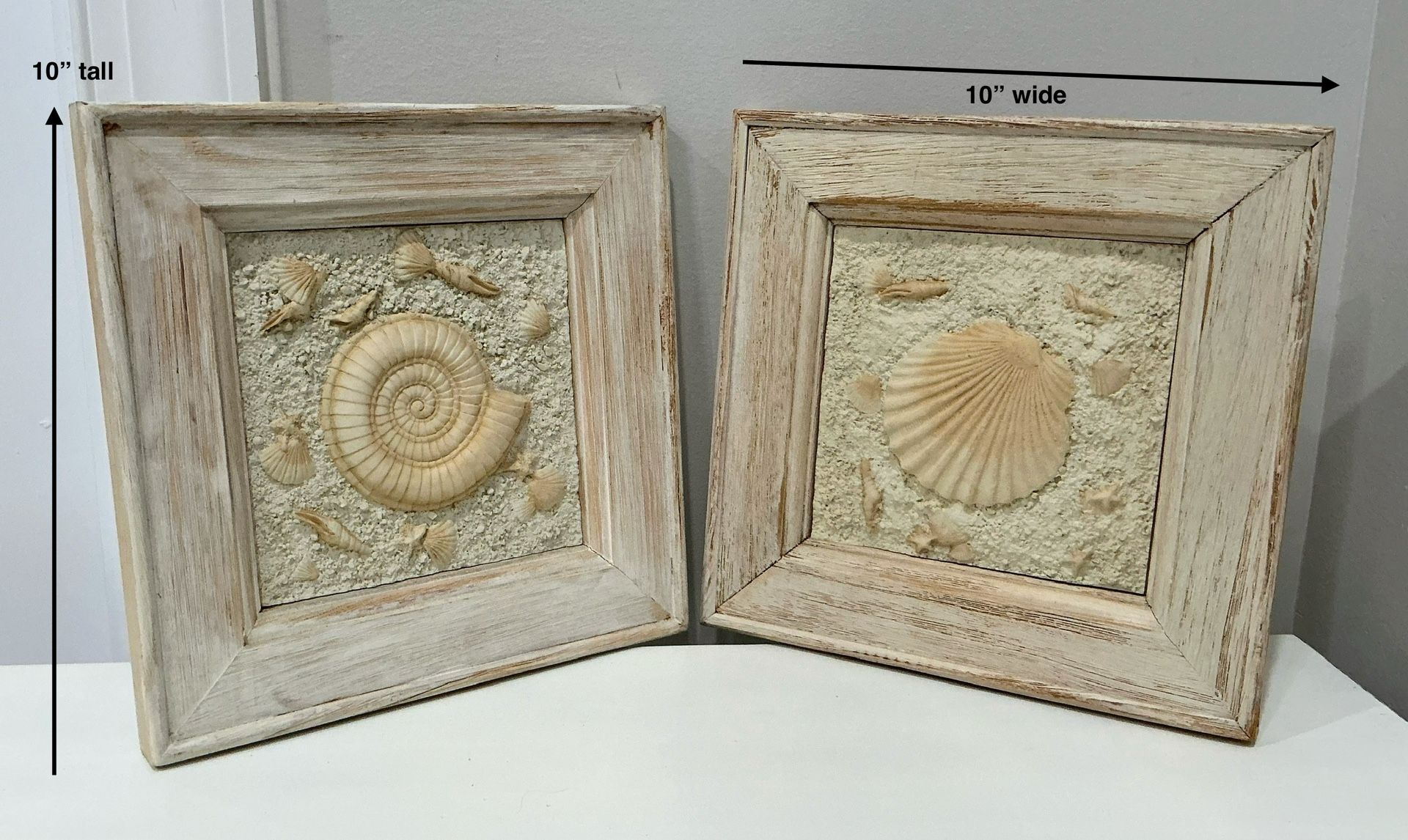Pair of Shabby Cream & Tan Thick Wood Hanging Shell Art