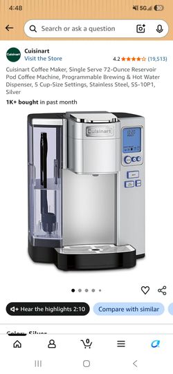 Cuisinart Coffee Maker, Single Serve 72-Ounce Reservoir Pod Coffee Machine SS-10, Silver
