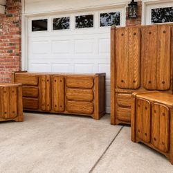 Solid Oak Bedroom Set – Dresser, Mirror, Chest & 2 Nightstands – Heavy Quality
