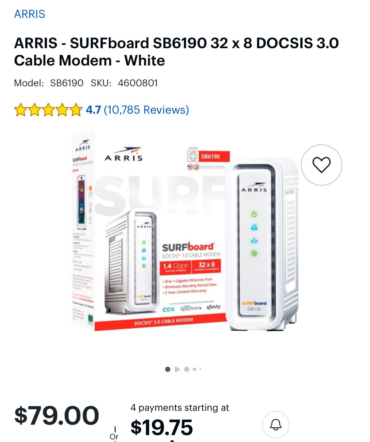 ARRIS - SURFboard SB6190 32 x 8 DOCSIS 3.0 Cable Modem - White