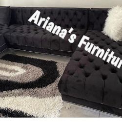New Black Velvet Sectional U-Shaped 125x69