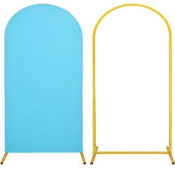Metal Arch Stand and Cover Set,1 Blue Spandex Fitted Backdrop with 1 Gold Wedding Arched Stand Frame for Parties Birthday Baby Shower Bridal Banquet D