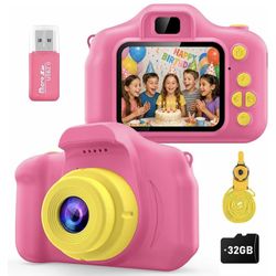 Kids Camera for Girls Age 3-10, Pink Kids Digital Camera with 1080P Video, 8MP Photo, 32GB Card, Lanyard, Toy Camera Birthday for Girls Boys Ages 3 4 