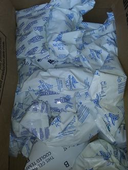 Box of big freezer packs with styrofoam cooler
