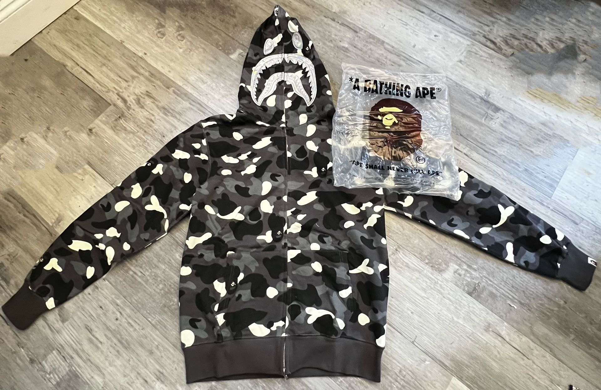 Bape Hoodie, Black And White (White Glows In The Dark)