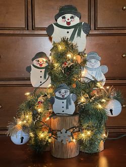 Wood Log Snowman Christmas Statue 