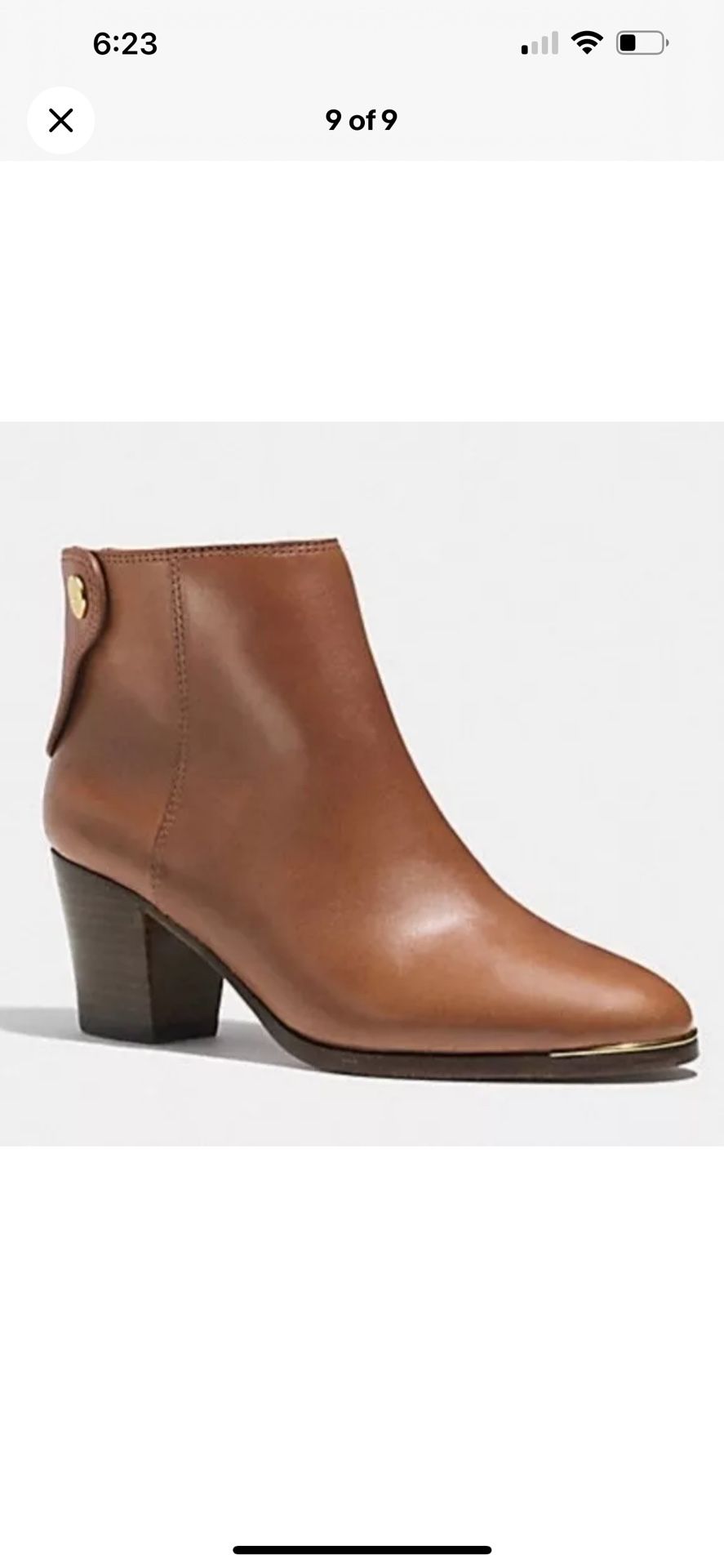 Coach Waldorf Leather Booties, Cinnamon Brown, Zip Back, Gold Detail, Sz 8.5 B