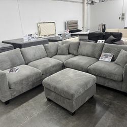 GREY COMFORTABLE CORDUROY MODULAR SECTIONAL WITH OTTOMAN 