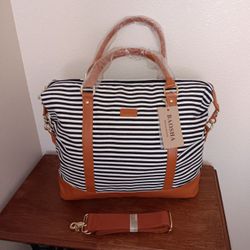NEW Baosha Black White Canvas Stripe Camel Faux Leather Weekender Bag Tote