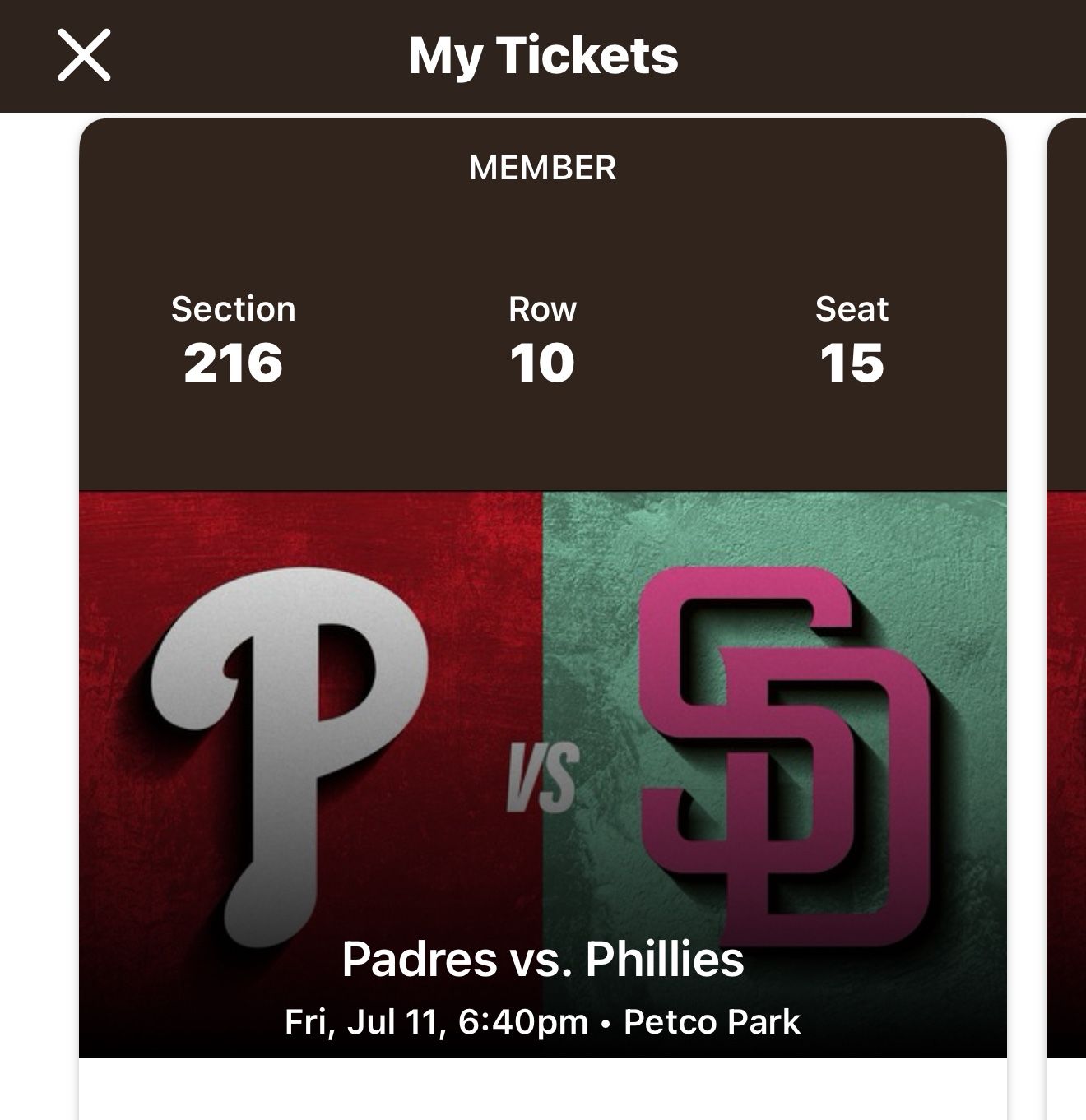 Padres V Phillies Friday July 11th 2 Seats