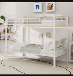 Twin Over Full Metal Bunk Bed, Heavy Duty Metal Bunk Bed Frame, Bunk Bed Twin Over Full with Ladder & Full-Length Guardrail for Teens Adults, Noise Fr