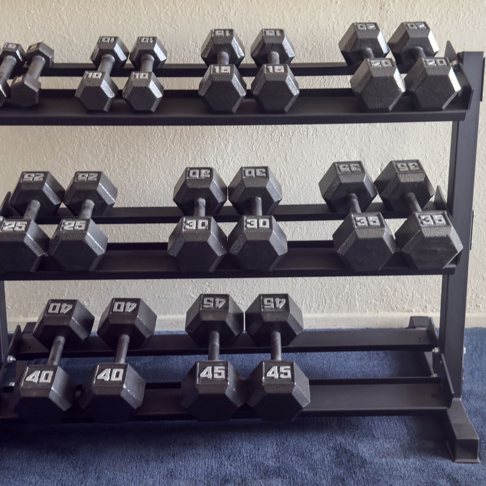 5–45 lb Dumbbell Set + REP 3-Tier Rack (225 lb Total) for Sale in ...