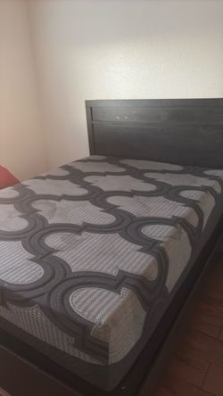 Dark Wood Bed Frame with Headboard with mattress