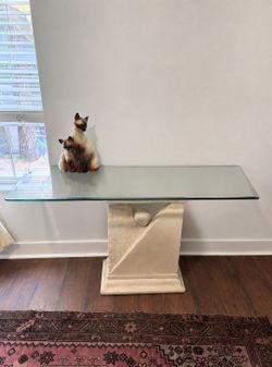 Vintage Postmodern Tessellated Stone Glass Top Console Table/Desk